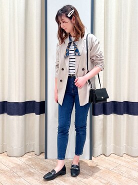 「grove（グローブ）の【Ｌｅｅ×ｇｒｏｖｅ別注】ＢＡＳＱＵＥ　ＳＨＩＲＴ（Tシャツ/カットソー、ブルー系）」を使った、SAYAKAさん（レディース・161cm）の春コーディネート