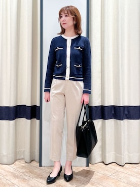 「grove（グローブ）のバイカラーニットジャケット（カーディガン/ボレロ、ブルー系）」を使った、SAYAKAさん（レディース・161cm）の春コーディネート
