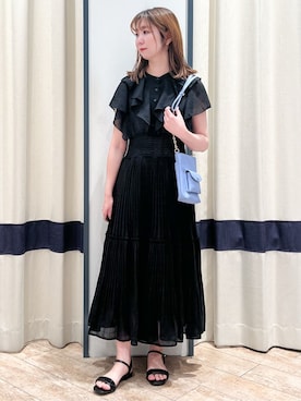 「grove（グローブ）の夏の主役シフォンプリントプリーツワンピース（ワンピース、ブラック系）」を使った、SAYAKAさん（レディース・161cm）の夏コーディネート