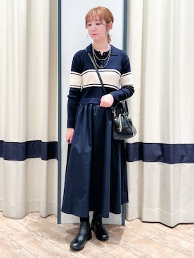 「grove（グローブ）の【時短コーデ】ポロニットドッキングワンピース（ワンピース、ブルー系）」を使った、SAYAKAさん（レディース・161cm）の秋コーディネート
