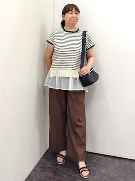 「grove（グローブ）の【洗濯機OK・遮熱・ひんやり/SETUP可】シワになりにくい、ベルト付ワイドパンツ（その他パンツ、ブラウン系）」を使った、こんちゃんさん（レディース・162cm）の夏コーディネート