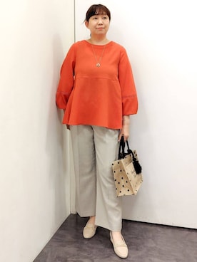 「grove（グローブ）の【体型カバーも叶う】麻調メッシュランタンスリーブブラウス（シャツ/ブラウス、レッド系）」を使った、こんちゃんさん（レディース・162cm）の春コーディネート