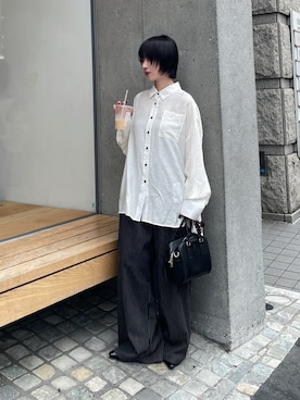 「goocy（グーシー）の袖ボリュームシアーシャツ（シャツ/ブラウス、ホワイト系）」を使った、飯塚りおんさん（レディース・152cm）の夏コーディネート