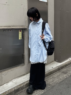 「goocy（グーシー）の【UVカット】オーバーサイズシャツ（シャツ/ブラウス、ブルー系）」を使った、飯塚りおんさん（レディース・152cm）の春コーディネート