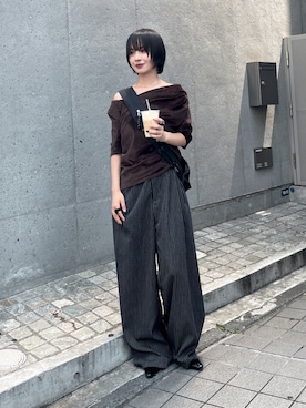 「goocy（グーシー）のシアーベロアドレープ半袖トップス（Tシャツ/カットソー、ブラウン系）」を使った、飯塚りおんさん（レディース・152cm）の夏コーディネート