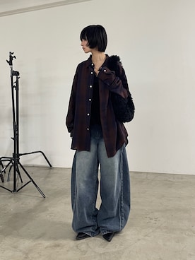 「goocy（グーシー）の【BHPC】楊柳ガーゼチェックシャツ（シャツ/ブラウス、ブラウン系）」を使った、飯塚りおんさん（レディース・152cm）の秋コーディネート