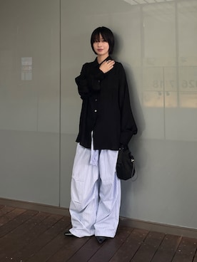 「goocy（グーシー）の袖ボリュームシアーシャツ（シャツ/ブラウス、ブラック系）」を使った、飯塚りおんさん（レディース・152cm）の夏コーディネート