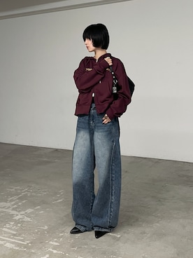 「goocy（グーシー）のロゴ刺繍ZIPパーカー（パーカー、ブラウン系）」を使った、飯塚りおんさん（レディース・152cm）の秋コーディネート
