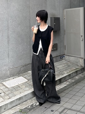 「goocy（グーシー）のレイヤードライクボタンカーディガン（カーディガン/ボレロ、ブラック系）」を使った、飯塚りおんさん（レディース・152cm）の夏コーディネート