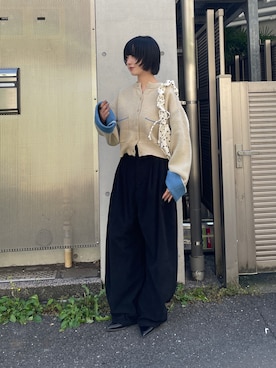 「goocy（グーシー）のアルパカタッチダブルフェイスカーデ（カーディガン/ボレロ、ホワイト系）」を使った、飯塚りおんさん（レディース・152cm）の秋コーディネート