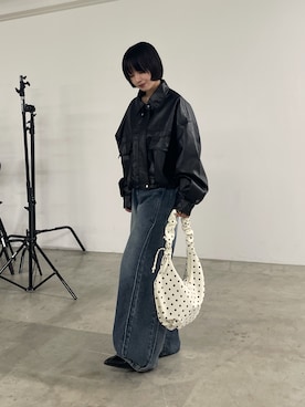 「goocy（グーシー）の2WAYカラーショート合皮ブルゾン（ブルゾン、ブラック系）」を使った、飯塚りおんさん（レディース・152cm）の秋コーディネート