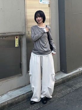 「goocy（グーシー）の配色ヘンリーネックトップス（Tシャツ/カットソー、グレー系）」を使った、飯塚りおんさん（レディース・152cm）の夏コーディネート