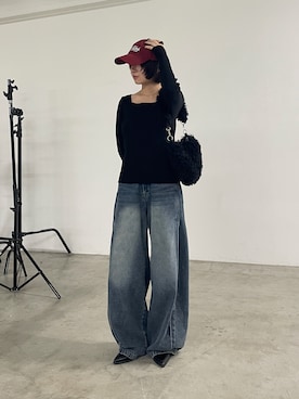 「goocy（グーシー）の前後2WAYリブニット（ニット/セーター、ブラック系）」を使った、飯塚りおんさん（レディース・152cm）の秋コーディネート