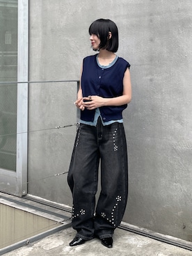 「goocy（グーシー）のレイヤードライクボタンカーディガン（カーディガン/ボレロ、ブルー系）」を使った、飯塚りおんさん（レディース・152cm）の春コーディネート