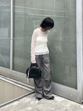 「goocy（グーシー）のストレッチレースプルオーバー（Tシャツ/カットソー、ホワイト系）」を使った、飯塚りおんさん（レディース・152cm）の夏コーディネート