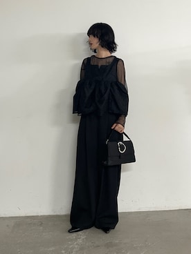 「goocy（グーシー）の【オケージョン】ペプラムトップス×パンツセットアップ（ワンピース、ブラック系）」を使った、飯塚りおんさん（レディース・152cm）の夏コーディネート