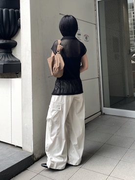 「goocy（グーシー）の【さらっと軽やか夏でも涼しくかわいく】メッシュレース襟付きトップス（ニット/セーター、ブラック系）」を使った、飯塚りおんさん（レディース・152cm）の夏コーディネート