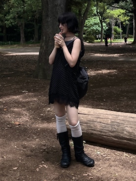 「goocy（グーシー）のシアードットレースキャミワンピース（チュニック、ブラック系）」を使った、飯塚りおんさん（レディース・152cm）の夏コーディネート