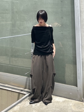 「goocy（グーシー）のシアーベロアドレープ半袖トップス（Tシャツ/カットソー、ブラック系）」を使った、飯塚りおんさん（レディース・152cm）の夏コーディネート