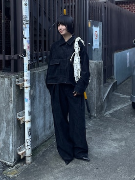 「goocy（グーシー）のベロアデニムショートジャケット（ブルゾン、ブルー系）」を使った、飯塚りおんさん（レディース・152cm）の秋コーディネート
