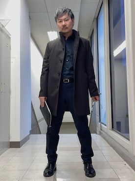 「アイテム（クラッチバッグ、ブラック系）」を使った、MAKOTO AI Kaminaさん（メンズ・170cm）の春コーディネート