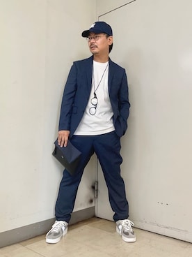 「アイテム（クラッチバッグ、ブルー系）」を使った、MAKOTO AI Kaminaさん（メンズ・170cm）の夏コーディネート