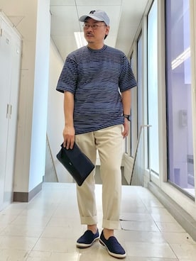 「アイテム（クラッチバッグ、ブルー系）」を使った、MAKOTO AI Kaminaさん（メンズ・170cm）の春コーディネート