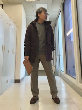 「TAKEO KIKUCHI（タケオキクチ）の【None Of Stress】ストレッチ ダウンブルゾン（ダウンジャケット/コート、ブラウン系）」を使った、MAKOTO AI Kaminaさん（メンズ・171cm）の冬コーディネート
