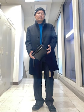 「TAKEO KIKUCHI（タケオキクチ）の【ウールカシミヤブレンド】ビーバー調 スタンドカラー コート（その他アウター、ブラック系）」を使った、MAKOTO AI Kaminaさん（メンズ・171cm）の秋コーディネート