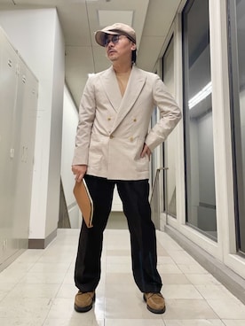「アイテム（クラッチバッグ、ブラウン系）」を使った、MAKOTO AI Kaminaさん（メンズ・170cm）の春コーディネート