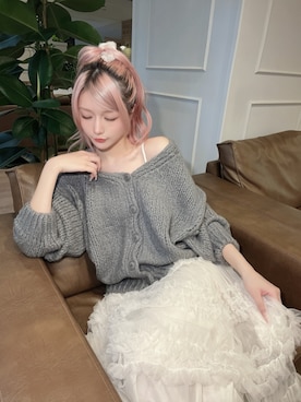 「Jamie ank（ジェイミーアンク）の【ざっくりニットカーデ＋チュールスカート2点セット】ふわふわPrincessSET（ニット/セーター、グレー系）」を使った、さきちゃんさん（レディース・167cm）の秋コーディネート