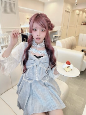 「Ank Rouge（アンクルージュ）のキラキラツイードお嬢さまセットアップ（ワンピース、ブルー系）」を使った、さきちゃんさん（レディース・167cm）の秋コーディネート