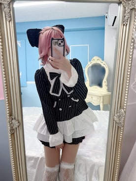 「Ank Rouge（アンクルージュ）のお嬢様ストライプセットアップ（ワンピース、ブラック系）」を使った、さきちゃんさん（レディース・167cm）の秋コーディネート