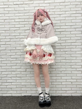 「Ank Rouge（アンクルージュ）のネコちゃんキラキラツイードポンチョ（ポンチョ、ピンク系）」を使った、さきちゃんさん（レディース・167cm）の秋コーディネート