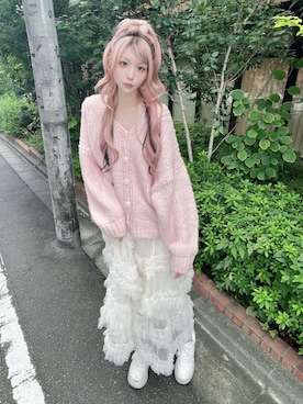 「Jamie ank（ジェイミーアンク）の【ざっくりニットカーデ＋チュールスカート2点セット】ふわふわPrincessSET（ニット/セーター、ピンク系）」を使った、さきちゃんさん（レディース・167cm）の秋コーディネート