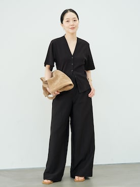 「plage（プラージュ）のLinen Mix Wide パンツ（その他パンツ、ブラック系）」を使った、midoriさん（レディース・152cm）の夏コーディネート
