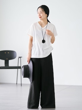 「plage（プラージュ）のLinen Mix Wide パンツ（その他パンツ、ブラック系）」を使った、midoriさん（レディース・152cm）の夏コーディネート