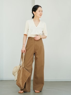 「plage（プラージュ）のSlim V-Neck Tee（Tシャツ/カットソー、ホワイト系）」を使った、midoriさん（レディース・152cm）の夏コーディネート