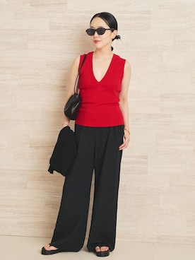 「plage（プラージュ）のLinen Mix Wide パンツ（その他パンツ、ブラック系）」を使った、midoriさん（レディース・152cm）の夏コーディネート