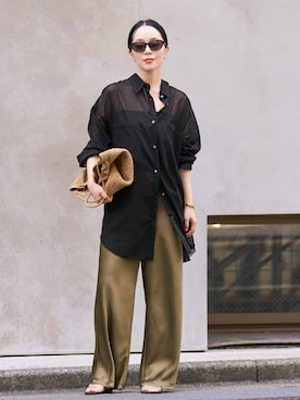 「plage（プラージュ）のCutoff satin パンツ（その他パンツ、グリーン系）」を使った、midoriさん（レディース・152cm）の夏コーディネート