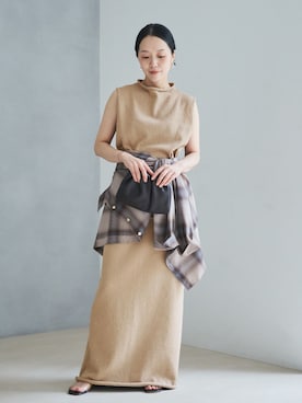 「plage（プラージュ）のCHECK シャツ(ベージュ)（シャツ/ブラウス、ベージュ系）」を使った、midoriさん（レディース・152cm）の夏コーディネート