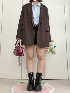 「SHEINのアイテム（シャツ/ブラウス、ブルー系）」を使った、モモ子さん（レディース・150cm）の秋コーディネート