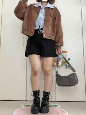 「Shoes in Closet（シューズインクローゼット）の厚底 プラットフォーム バルキーソール レースアップ ブーツ 957（ブーツ、ブラック系）」を使った、モモ子さん（レディース・150cm）の秋コーディネート