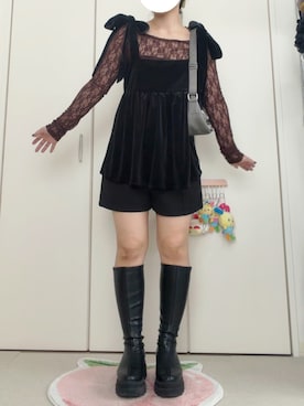 「LOWRYS FARM（ローリーズファーム）のストレッチロングブーツ　 970807（ブーツ、ブラック系）」を使った、モモ子さん（レディース・150cm）の秋コーディネート