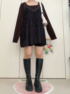 「LOWRYS FARM（ローリーズファーム）のストレッチロングブーツ　 970807（ブーツ、ブラック系）」を使った、モモ子さん（レディース・150cm）の秋コーディネート