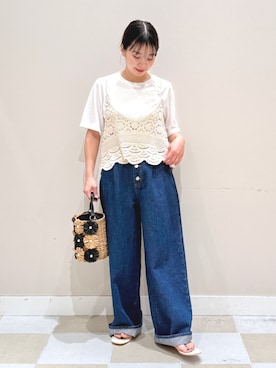 「KBF（ケイビーエフ）の『3サイズ展開』タックボタンアップデニム（デニムパンツ、ブルー系）」を使った、おすみさん（レディース・152cm）の夏コーディネート
