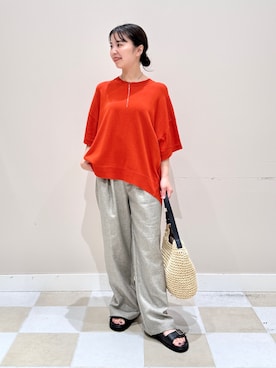 「ITEMS URBANRESEARCH（アイテムズ アーバンリサーチ）の『洗濯可』ニットTシャツ（ニット/セーター、オレンジ系）」を使った、おすみさん（レディース・152cm）の夏コーディネート