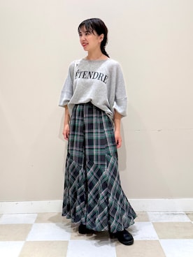 「ITEMS URBANRESEARCH（アイテムズ アーバンリサーチ）のチェック切替えスカート（スカート、グリーン系）」を使った、おすみさん（レディース・152cm）の秋コーディネート