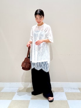 「KBF（ケイビーエフ）のランダムタックボーダーTEE（Tシャツ/カットソー、ホワイト系）」を使った、おすみさん（レディース・152cm）の夏コーディネート