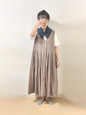 「無印良品（ムジルシリョウヒン）のフレンチリネン洗いざらし半袖丈ブラウス（シャツ/ブラウス、ホワイト系）」を使った、ratoさん（レディース・154cm）の秋コーディネート